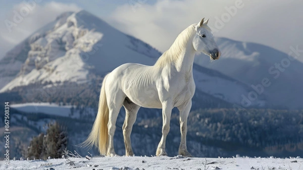 Fototapeta A white horse stands majestically on a snowy landscape with mountains in the background, exuding a sense of strength and serenity in the cold environment.