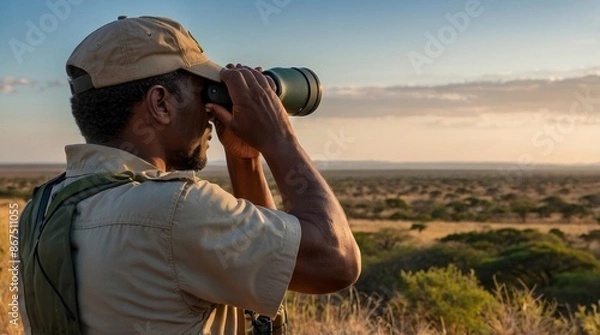 Obraz South Africa ranger looking through binoculars in sear