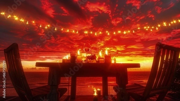 Fototapeta A beautifully arranged wooden table and chairs with LED candles under a bright red and orange sunset sky, creating a luxurious setting for a romantic couple.
