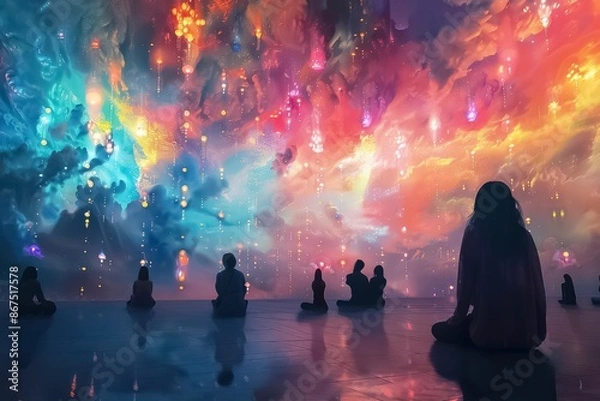 Fototapeta people and dreams concept. A group of people from different walks of life, each presenting their dreams in a vibrant, surreal landscape. 
