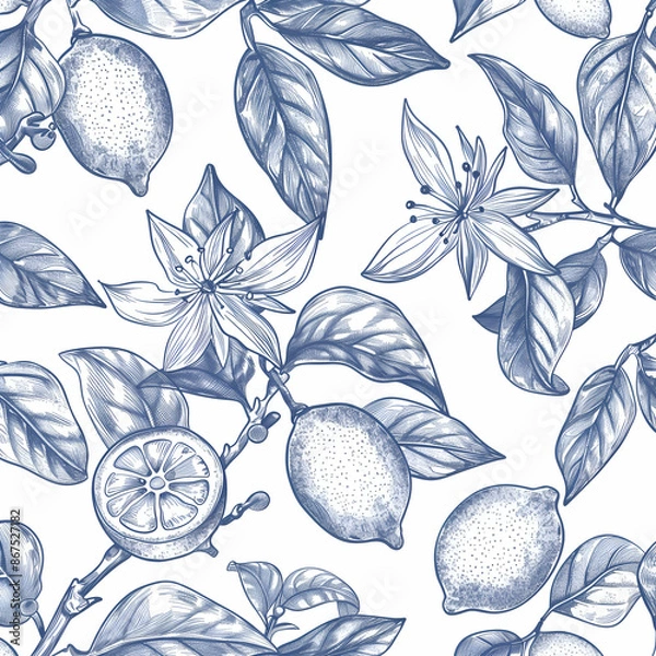 Fototapeta A detailed blue and white vector illustration of lemons, lemon slices, and lemon flowers with leaves. The intricate pattern features botanical elements on a white background.
