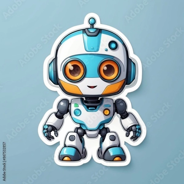 Fototapeta Sticker of an adorable baby robot in 3D cartoon style with dynamic colors, isolated on a simple background.