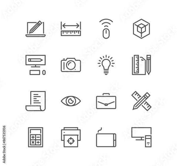 Fototapeta Set of graphic design related icons, idea, tool, artwork and linear variety vectors.	
