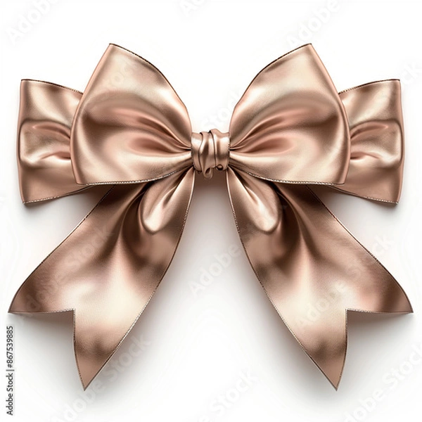 Fototapeta Decorative rose gold bow with long ribbon isolated on white background, generative Ai