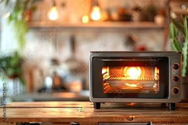 Fototapeta Mini toaster oven displayed on a lovely wooden table with blur effect
