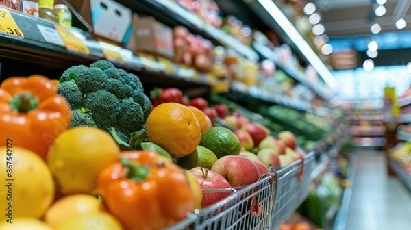 Fototapeta Fresh fruits and vegetables arranged in a shopping cart, with aisle view and labeled products on shelves in the background of a busy supermarket, highlighting healthy eating