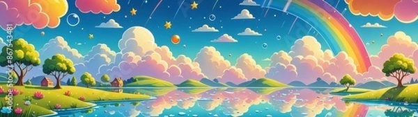 Fototapeta Cartoon illustration of a happy sun, fluffy clouds, and rainbow over a serene lake with flowers and trees.