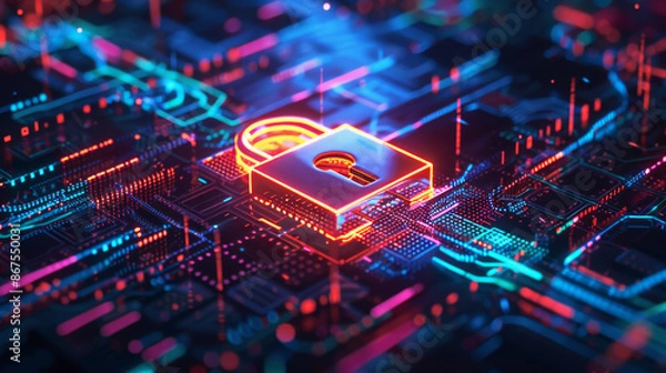 Obraz A cybersecurity background featuring a digital padlock in the center, surrounded by layers of glowing firewalls and encrypted codes. 