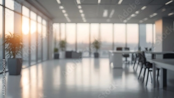 Fototapeta Out of focus empty office background. Blurred bright office background.