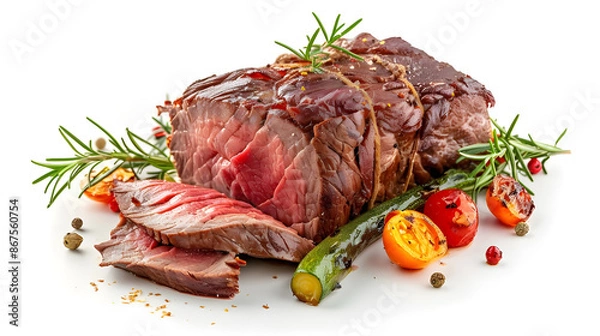 Obraz roasted beef steak with vegetables isolated on white background
