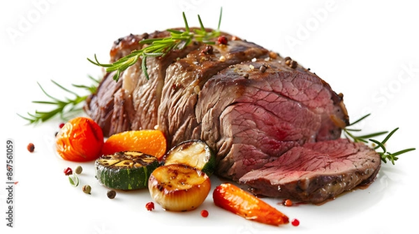 Obraz roasted beef steak with vegetables isolated on white background