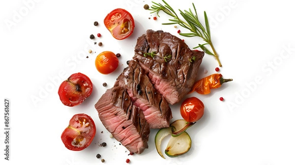 Obraz roasted beef steak with vegetables isolated on white background