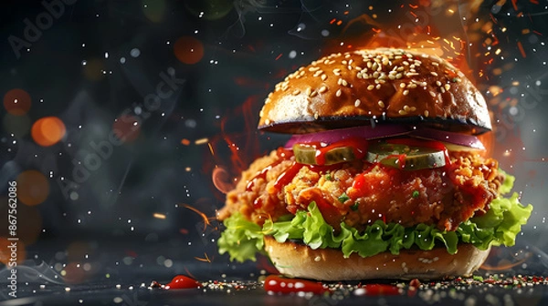 Obraz chicken burger on black background