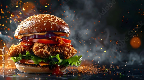 Fototapeta chicken burger on black background