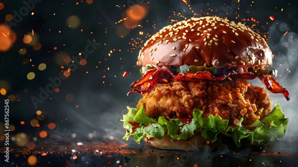 Obraz chicken burger on black background