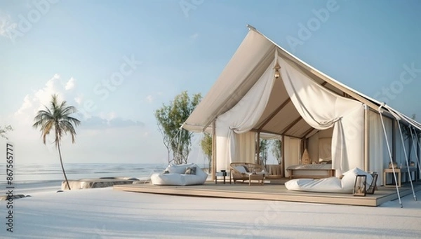Fototapeta Luxury tent glamping on sandy beach with ocean view
