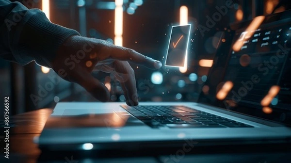 Fototapeta Efficiency Illuminated Hand Reaches for Virtual Check Mark in Dimly Lit Workspace