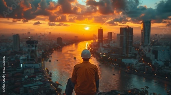 Fototapeta A construction worker sits atop a high structure, taking in the panoramic view of the city’s skyline against the backdrop of a stunning sunset.
