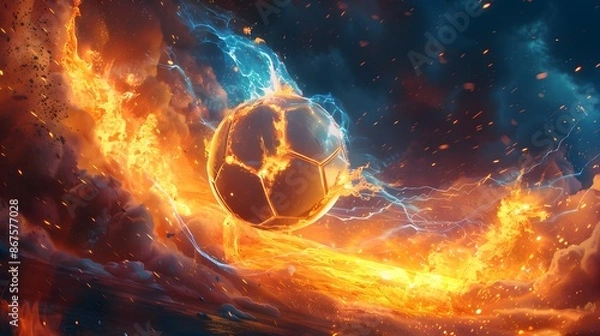Fototapeta Soccer Ball on Fire with Sparks and Lightning.