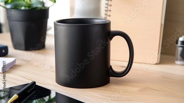Fototapeta Oversized matte black mug on a clean light oak desk, stylishly paired with a notepad and Ficus plant, ideal for branding.