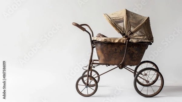 Fototapeta side view old baby stroller on white background,copy space .
