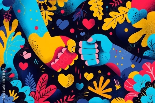 Fototapeta Colorful illustration of two hands fist-bumping surrounded by vibrant abstract shapes and hearts.