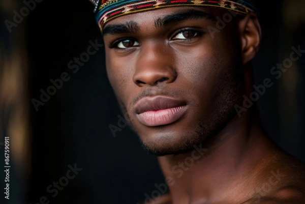 Fototapeta Close-up portrait of a young man of African descent, studio photo, against a sleek gray studio backdrop