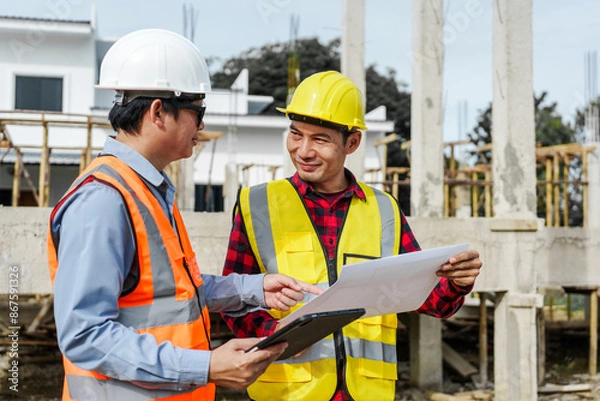 Fototapeta Two male construction workers, including an Asian engineer, meticulously review structural plans and design concrete columns and beams for a new residential build.