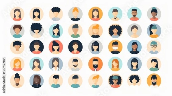 Obraz A collection of diverse icons representing various people, showcasing a wide array of hairstyles, skin tones, and styles, emphasizing individuality and variety.