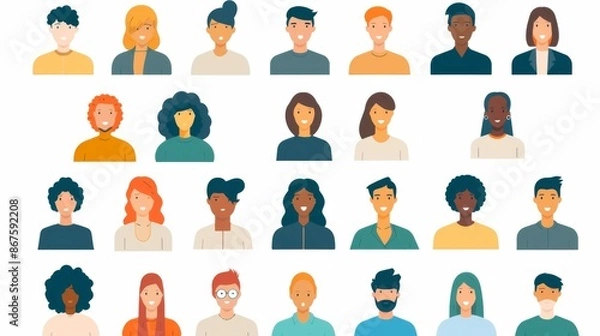 Obraz A set of flat style illustrated avatars representing diverse individuals, capturing various hair colors, styles, and clothing, perfect for digital media and networks.