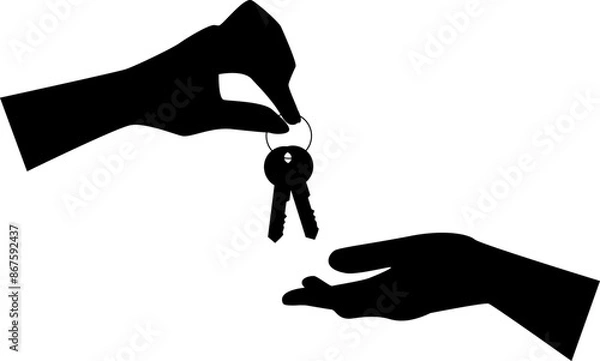 Fototapeta Black silhouette of hand that giving two keys to another hand vector illustration. Transparent background.
