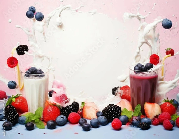 Fototapeta Tasty smoothies with fruits and milk. Splashes of juis and milk around. Colorful background for cafe menu, restaurant banner, wallpaper. Healthy life style.