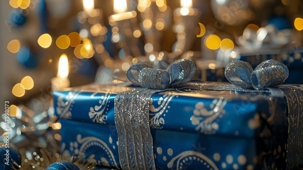 Fototapeta A blue gift box with silver ribbon sits under a Christmas tree with bokeh lights.