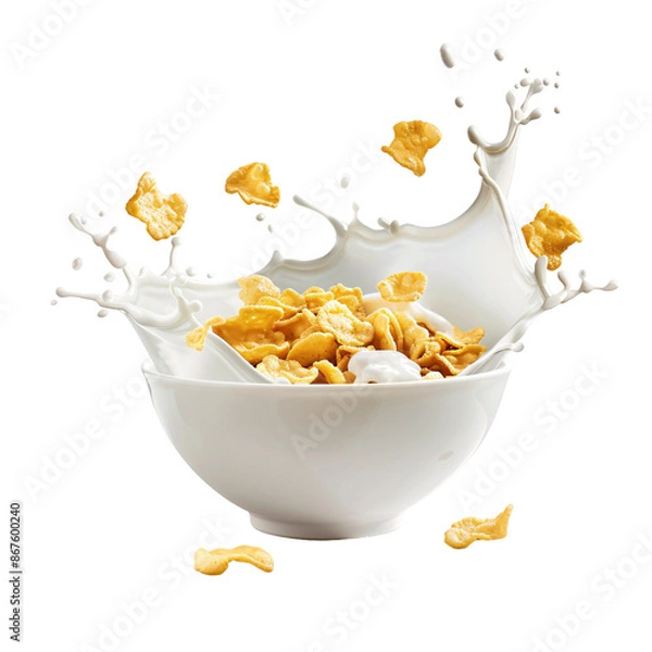 Obraz A bowl of breakfast cereal with a milk splash on an isolated background