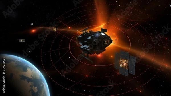 Obraz Futuristic Space Station with Orbiting Satellites.