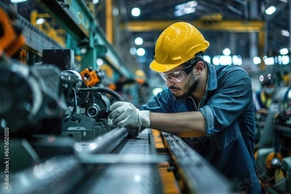 Fototapeta Engineer working at machine in aluminum manufacturing industry
