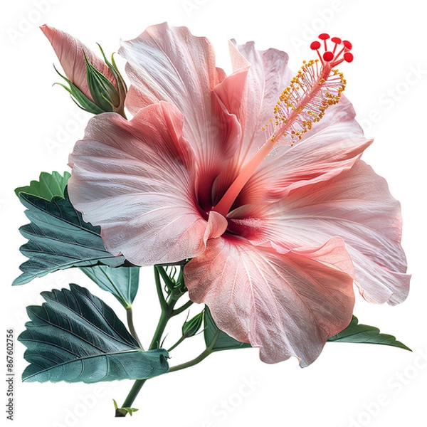 Fototapeta The photo shows a beautiful hibiscus flower. The petals are a soft pink color and the flower is surrounded by green leaves. isolate on white background