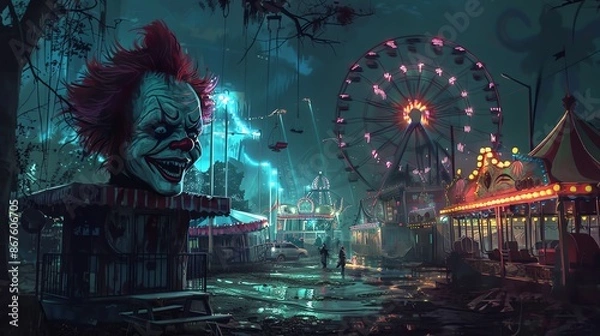 Obraz A creepy carnival at night with a giant, grinning clown head and a Ferris wheel. The atmosphere is dark and eerie.