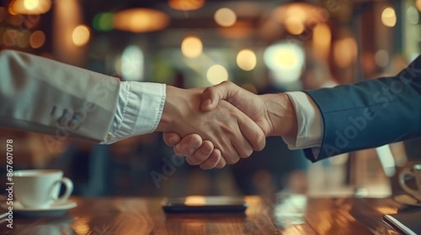Fototapeta two people shaking hands over a table with a cup of coffee on it and a cell phone in the background..