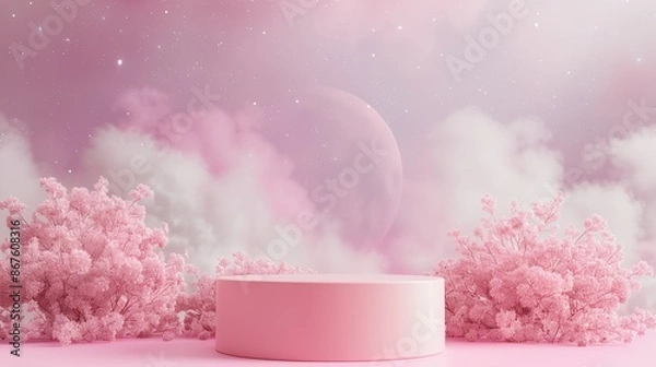 Fototapeta a pink object sitting on top of a table with clouds in the background
