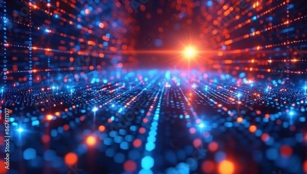 Fototapeta Abstract Digital Landscape with Red and Blue Lights