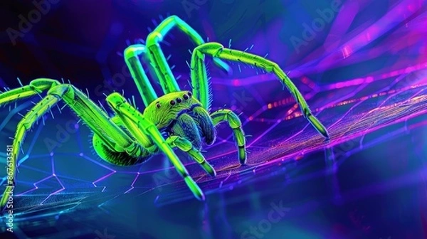 Fototapeta A neon-themed image of a spider in a web, the spider's body depicted in neon green against a stark contrast of deep blue and vibrant purple, enhancing its eerie presence.