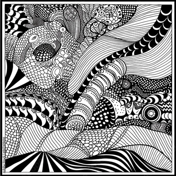 Fototapeta Creative Zentangle line art, relaxation patterns, black and white, intricate design, detailed and artistic. copy space for text,