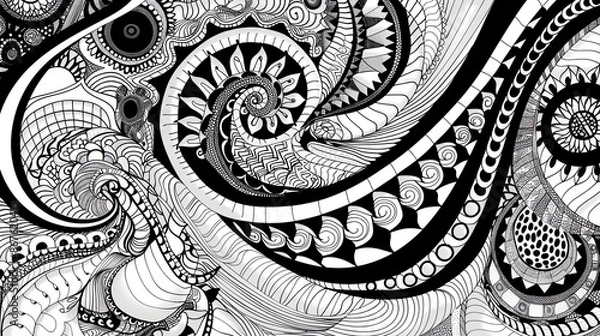 Obraz Meditative Zentangle swirls, artistic patterns, intricate line work, black and white, detailed and calming. copy space for text,