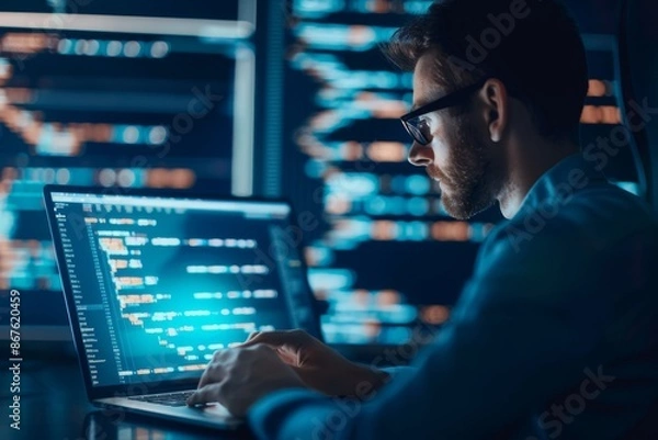 Fototapeta Programmer working late at night on a laptop