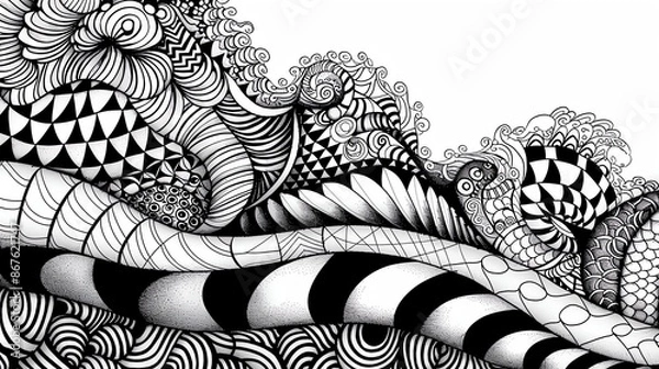 Obraz Zentangle line art, relaxation and creativity, intricate black and white design, detailed patterns, calming artwork. copy space for text,