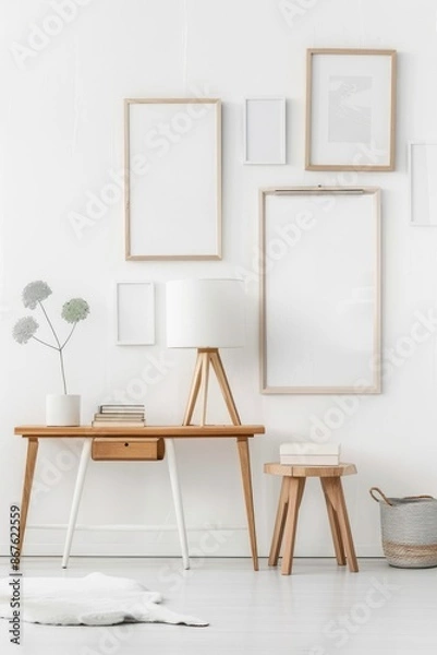 Fototapeta Gallery Wall Display in Minimalist White Room, White Room, Gallery Wall, Blank Canvases