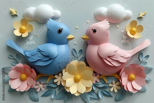 Fototapeta 3D pink background with trees, clouds and birds in the style of a children's book illustration, simple cut paper shapes, 