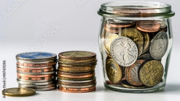 Fototapeta Macro photography of Euro coins stacked neatly alongside a transparent glass jar with money, isolated on a white background, showcasing intricate detail with focus stacking