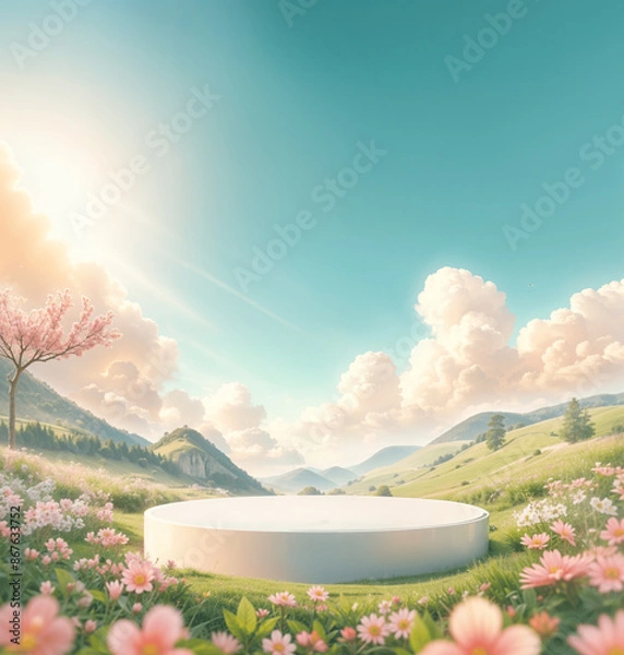Fototapeta Center focused white podium image of a bright spring day with green field flowers, mountains and clouds for product presentations.
